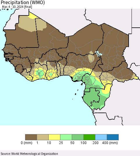 Western Africa Precipitation (WMO) Thematic Map For 3/4/2024 - 3/10/2024