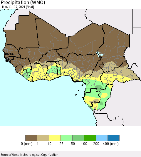 Western Africa Precipitation (WMO) Thematic Map For 3/11/2024 - 3/17/2024