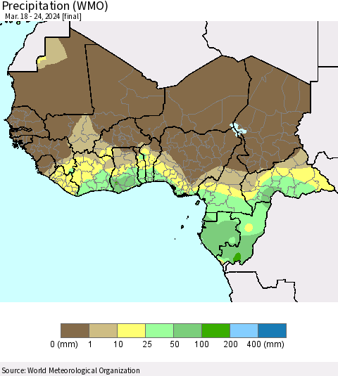 Western Africa Precipitation (WMO) Thematic Map For 3/18/2024 - 3/24/2024