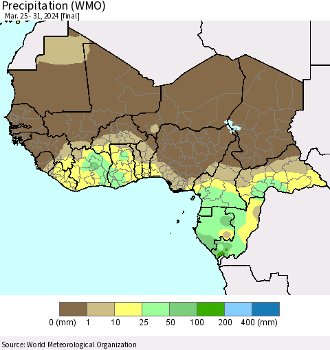 Western Africa Precipitation (WMO) Thematic Map For 3/25/2024 - 3/31/2024