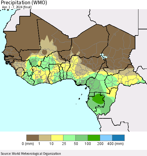 Western Africa Precipitation (WMO) Thematic Map For 4/1/2024 - 4/7/2024