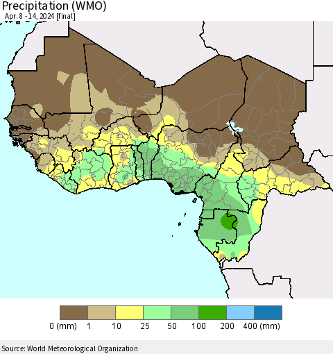 Western Africa Precipitation (WMO) Thematic Map For 4/8/2024 - 4/14/2024
