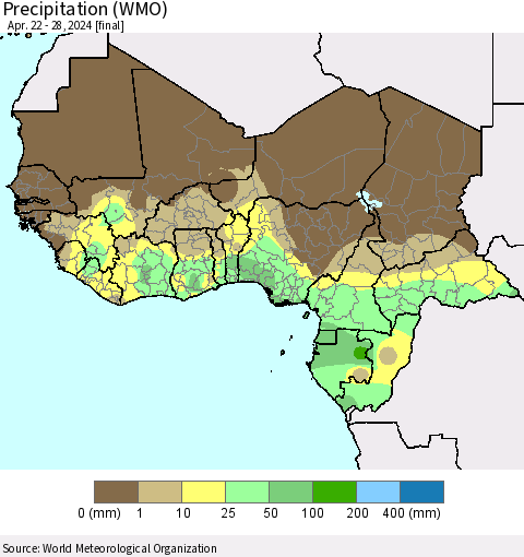 Western Africa Precipitation (WMO) Thematic Map For 4/22/2024 - 4/28/2024