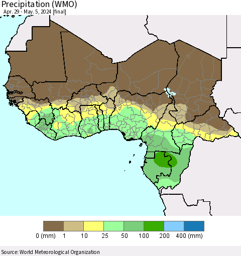 Western Africa Precipitation (WMO) Thematic Map For 4/29/2024 - 5/5/2024