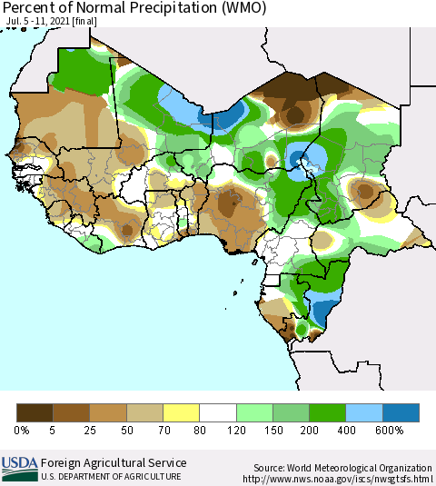 Western Africa Percent of Normal Precipitation (WMO) Thematic Map For 7/5/2021 - 7/11/2021