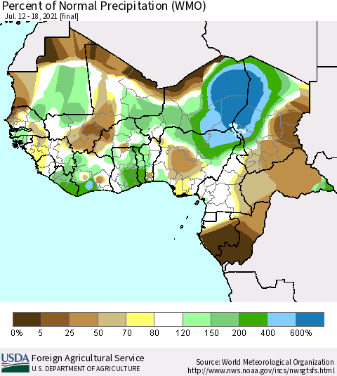 Western Africa Percent of Normal Precipitation (WMO) Thematic Map For 7/12/2021 - 7/18/2021