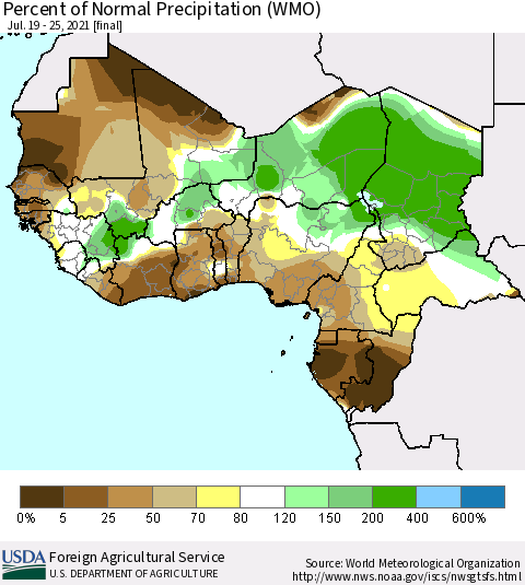 Western Africa Percent of Normal Precipitation (WMO) Thematic Map For 7/19/2021 - 7/25/2021
