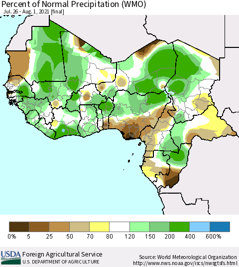 Western Africa Percent of Normal Precipitation (WMO) Thematic Map For 7/26/2021 - 8/1/2021