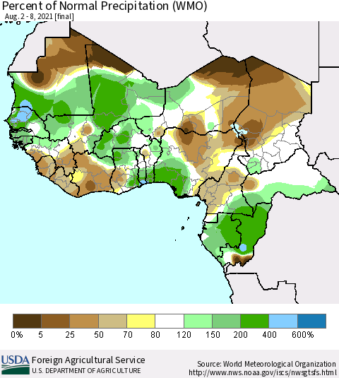 Western Africa Percent of Normal Precipitation (WMO) Thematic Map For 8/2/2021 - 8/8/2021