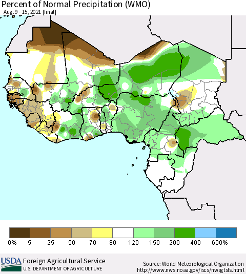 Western Africa Percent of Normal Precipitation (WMO) Thematic Map For 8/9/2021 - 8/15/2021
