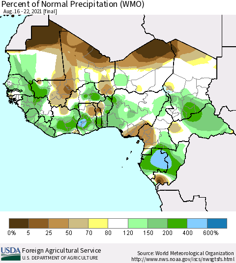 Western Africa Percent of Normal Precipitation (WMO) Thematic Map For 8/16/2021 - 8/22/2021