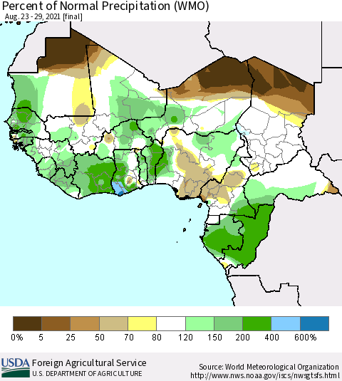 Western Africa Percent of Normal Precipitation (WMO) Thematic Map For 8/23/2021 - 8/29/2021