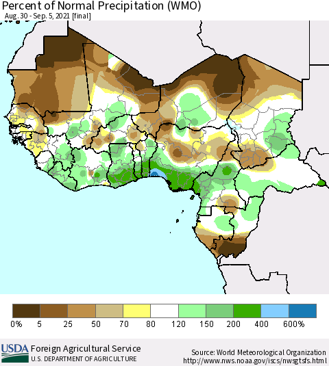 Western Africa Percent of Normal Precipitation (WMO) Thematic Map For 8/30/2021 - 9/5/2021