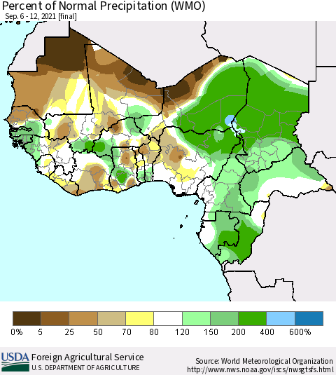 Western Africa Percent of Normal Precipitation (WMO) Thematic Map For 9/6/2021 - 9/12/2021