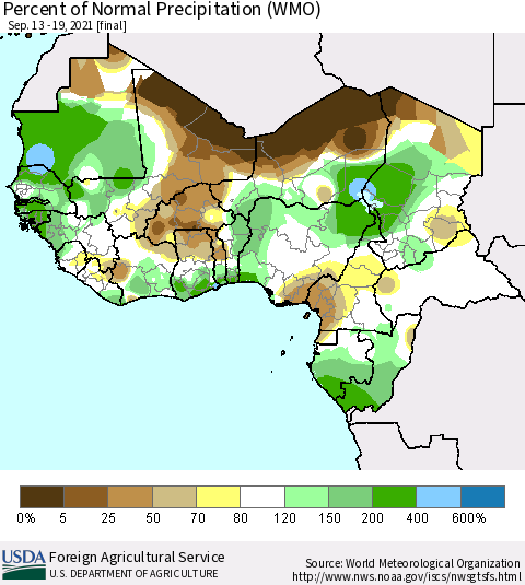 Western Africa Percent of Normal Precipitation (WMO) Thematic Map For 9/13/2021 - 9/19/2021