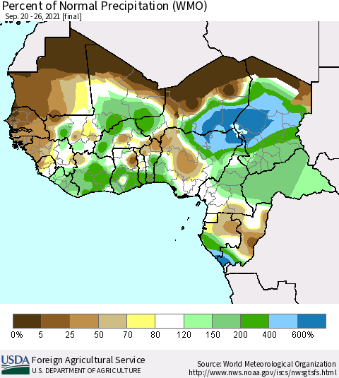 Western Africa Percent of Normal Precipitation (WMO) Thematic Map For 9/20/2021 - 9/26/2021