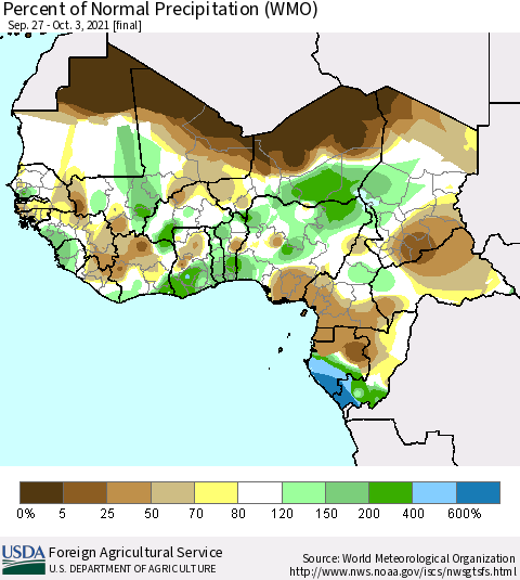 Western Africa Percent of Normal Precipitation (WMO) Thematic Map For 9/27/2021 - 10/3/2021