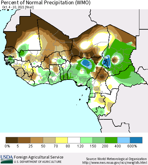 Western Africa Percent of Normal Precipitation (WMO) Thematic Map For 10/4/2021 - 10/10/2021