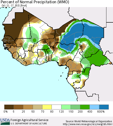 Western Africa Percent of Normal Precipitation (WMO) Thematic Map For 10/11/2021 - 10/17/2021