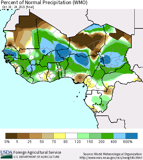 Western Africa Percent of Normal Precipitation (WMO) Thematic Map For 10/18/2021 - 10/24/2021