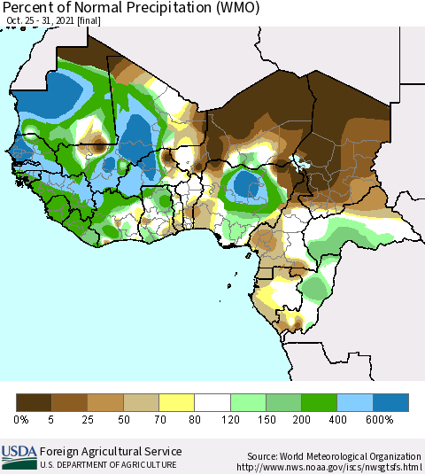 Western Africa Percent of Normal Precipitation (WMO) Thematic Map For 10/25/2021 - 10/31/2021