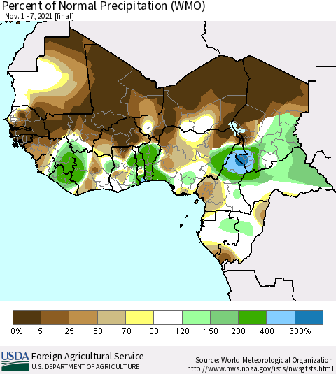 Western Africa Percent of Normal Precipitation (WMO) Thematic Map For 11/1/2021 - 11/7/2021