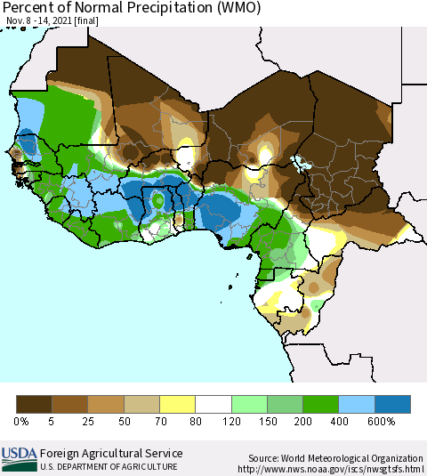 Western Africa Percent of Normal Precipitation (WMO) Thematic Map For 11/8/2021 - 11/14/2021
