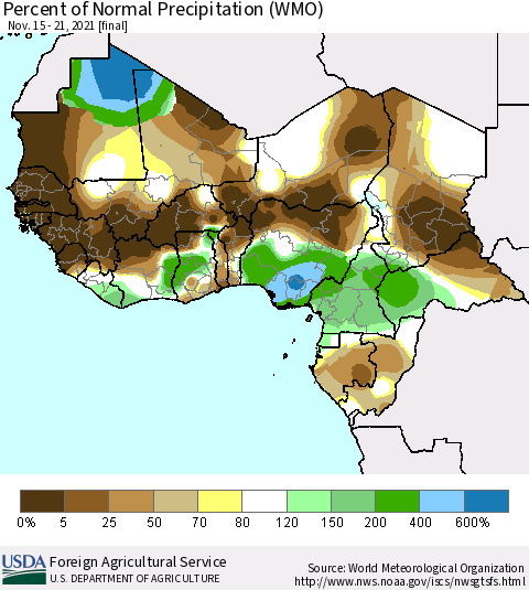 Western Africa Percent of Normal Precipitation (WMO) Thematic Map For 11/15/2021 - 11/21/2021