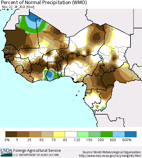 Western Africa Percent of Normal Precipitation (WMO) Thematic Map For 11/22/2021 - 11/28/2021