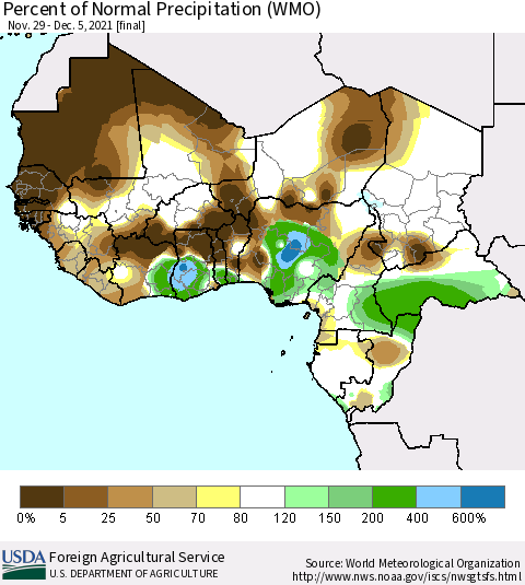 Western Africa Percent of Normal Precipitation (WMO) Thematic Map For 11/29/2021 - 12/5/2021