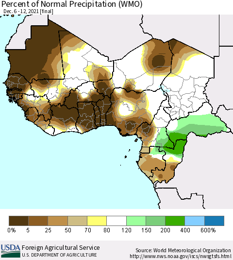 Western Africa Percent of Normal Precipitation (WMO) Thematic Map For 12/6/2021 - 12/12/2021