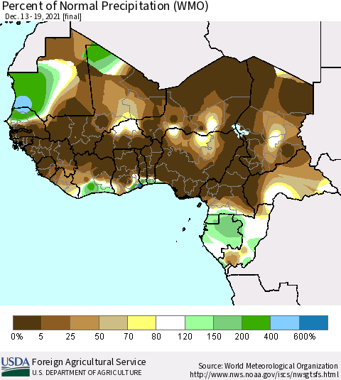 Western Africa Percent of Normal Precipitation (WMO) Thematic Map For 12/13/2021 - 12/19/2021