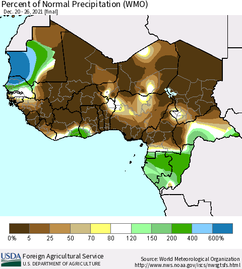 Western Africa Percent of Normal Precipitation (WMO) Thematic Map For 12/20/2021 - 12/26/2021
