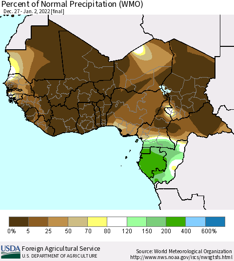 Western Africa Percent of Normal Precipitation (WMO) Thematic Map For 12/27/2021 - 1/2/2022