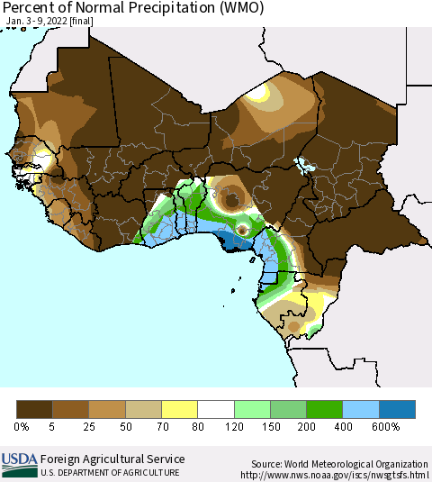 Western Africa Percent of Normal Precipitation (WMO) Thematic Map For 1/3/2022 - 1/9/2022