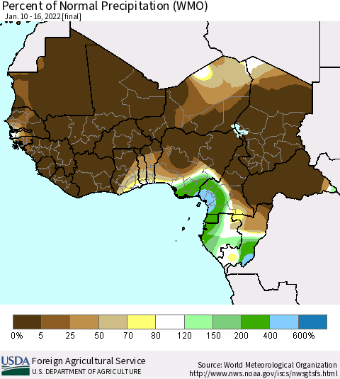 Western Africa Percent of Normal Precipitation (WMO) Thematic Map For 1/10/2022 - 1/16/2022
