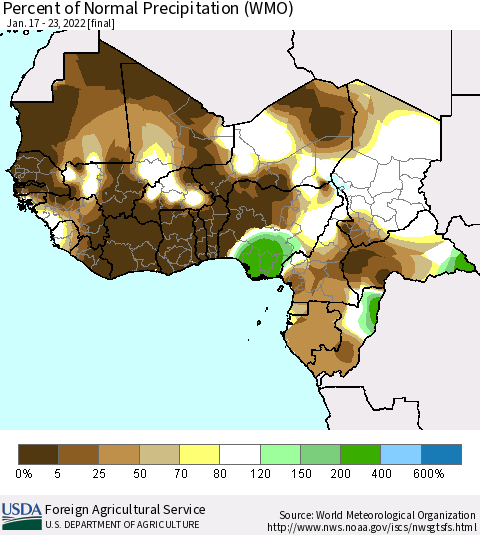 Western Africa Percent of Normal Precipitation (WMO) Thematic Map For 1/17/2022 - 1/23/2022