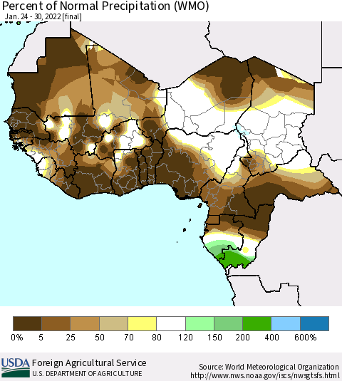 Western Africa Percent of Normal Precipitation (WMO) Thematic Map For 1/24/2022 - 1/30/2022