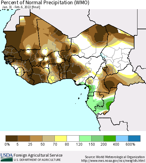 Western Africa Percent of Normal Precipitation (WMO) Thematic Map For 1/31/2022 - 2/6/2022