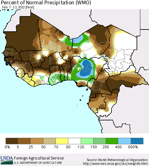 Western Africa Percent of Normal Precipitation (WMO) Thematic Map For 2/7/2022 - 2/13/2022