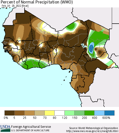 Western Africa Percent of Normal Precipitation (WMO) Thematic Map For 2/14/2022 - 2/20/2022