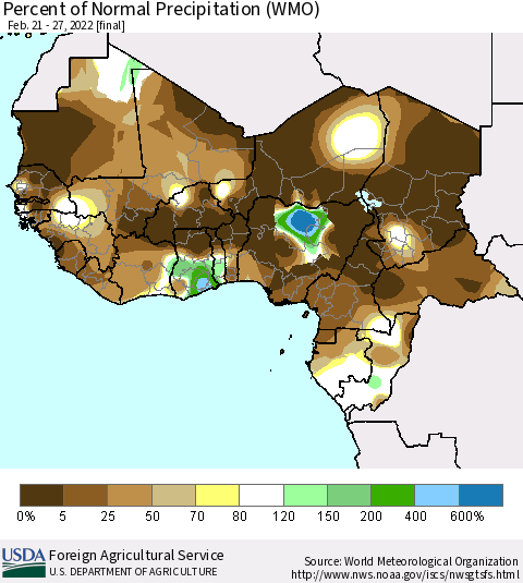 Western Africa Percent of Normal Precipitation (WMO) Thematic Map For 2/21/2022 - 2/27/2022