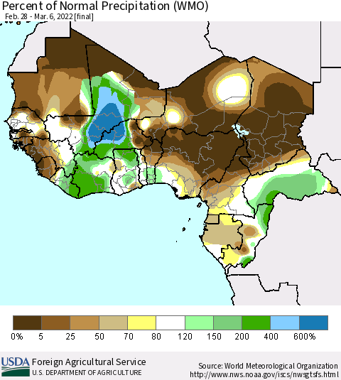 Western Africa Percent of Normal Precipitation (WMO) Thematic Map For 2/28/2022 - 3/6/2022