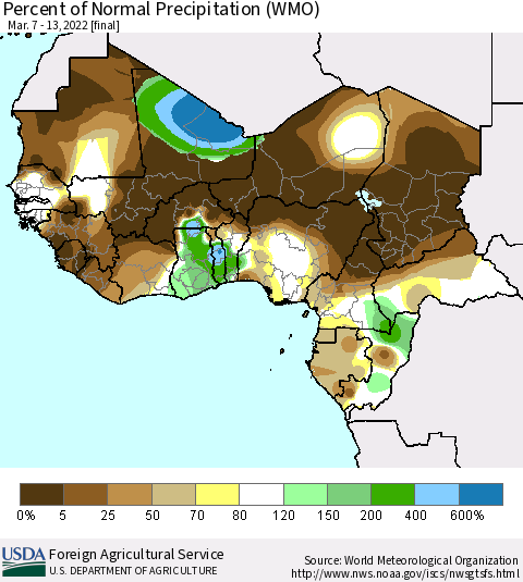 Western Africa Percent of Normal Precipitation (WMO) Thematic Map For 3/7/2022 - 3/13/2022