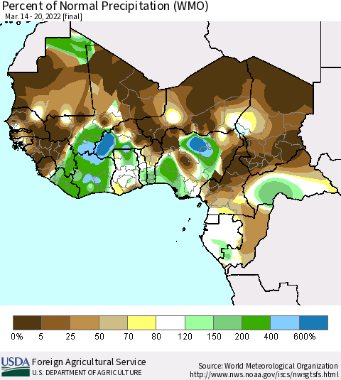 Western Africa Percent of Normal Precipitation (WMO) Thematic Map For 3/14/2022 - 3/20/2022
