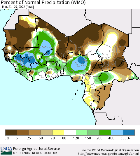 Western Africa Percent of Normal Precipitation (WMO) Thematic Map For 3/21/2022 - 3/27/2022