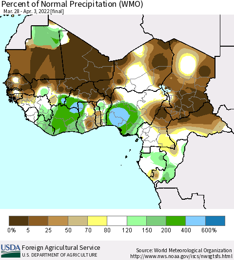 Western Africa Percent of Normal Precipitation (WMO) Thematic Map For 3/28/2022 - 4/3/2022