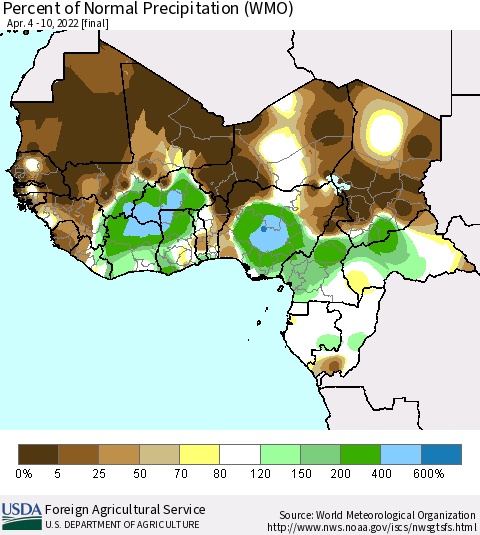 Western Africa Percent of Normal Precipitation (WMO) Thematic Map For 4/4/2022 - 4/10/2022