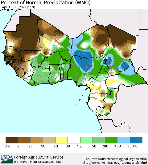 Western Africa Percent of Normal Precipitation (WMO) Thematic Map For 4/11/2022 - 4/17/2022