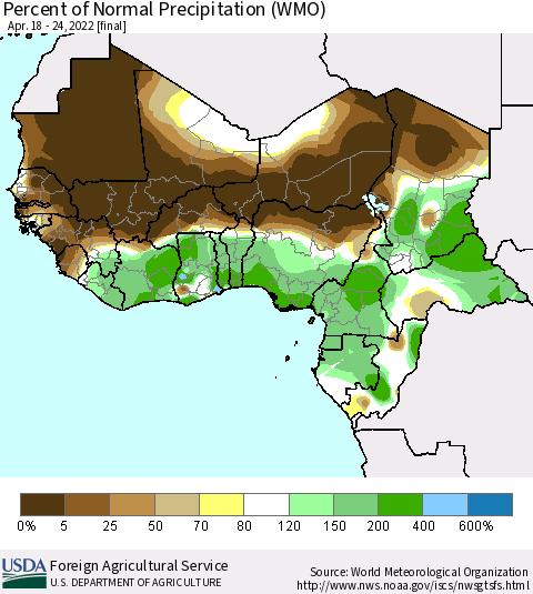 Western Africa Percent of Normal Precipitation (WMO) Thematic Map For 4/18/2022 - 4/24/2022